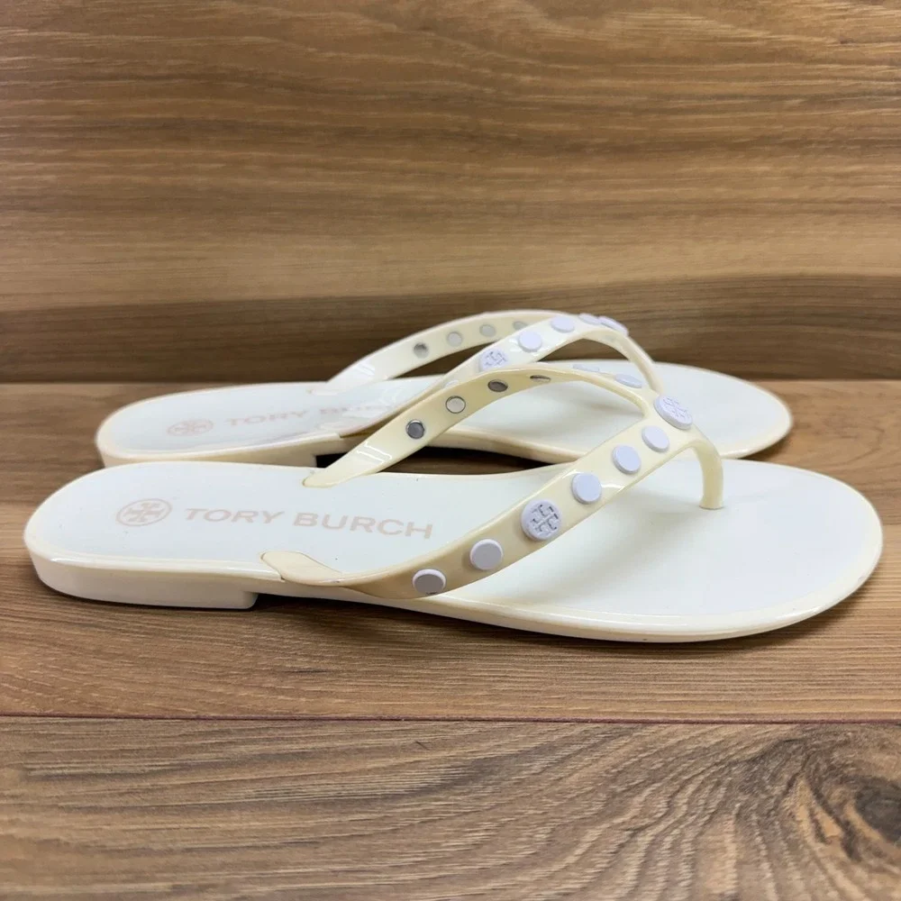 Tory Burch Jelly Studded Flip Flops Womens 7 Off White Vacation Travel Pool
